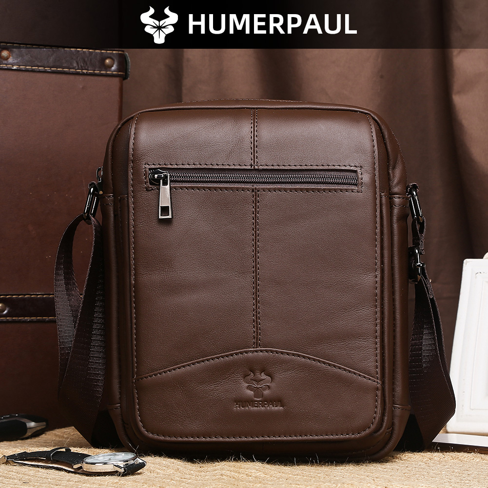 Leather Work Bag Men - กระเป๋าหนังแท้ HUMERPAUL สำหรับผู้ชาย กระเป๋าสะพายข้างสไตล์วินเทจขนาดเล็กสำหรับใช้ในชีวิตประจำวัน พร้อมสายสะพายปรับระดับได้