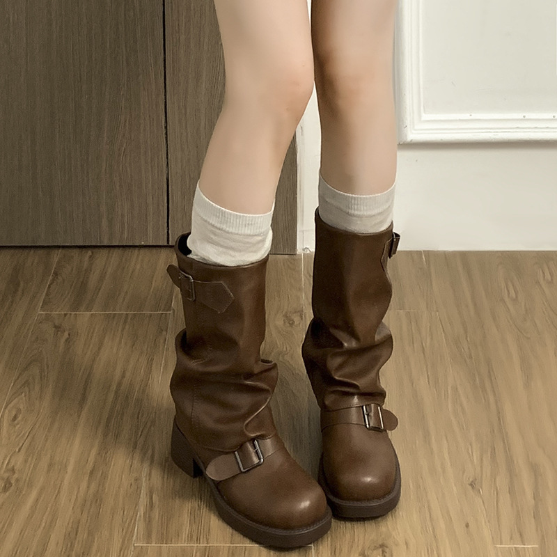 Belt Buckle Blank - ผู้หญิงหรูหรารองเท้า SLIP บนหญิงกลางลูกวัวรองเท้า Retro BIKER BOOTS