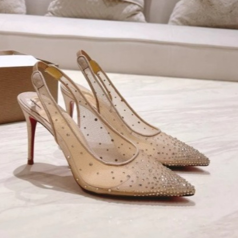 Leather Work Heels - รองเท้าส้นสูงแบบส้นเข็มประดับคริสตัลตาข่ายสำหรับผู้หญิง รองเท้าแต่งงานหัวแหลม รองเท้าส้นสูงแบบเปิดส้นสำหรับผู้หญิง