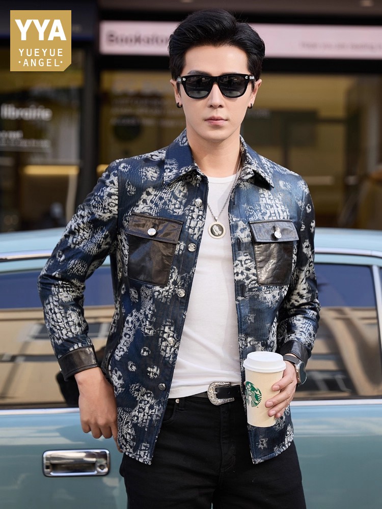 Leatherwork Patterns - เสื้อแจ็คเก็ตหนังแกะแท้พิมพ์ลายดอกไม้แฟชั่นใหม่สุดหรูสำหรับผู้ชาย ทรงเข้ารูป กระดุมแถวเดียว สไตล์ลำลองสำหรับงานธุรกิจและทำงาน