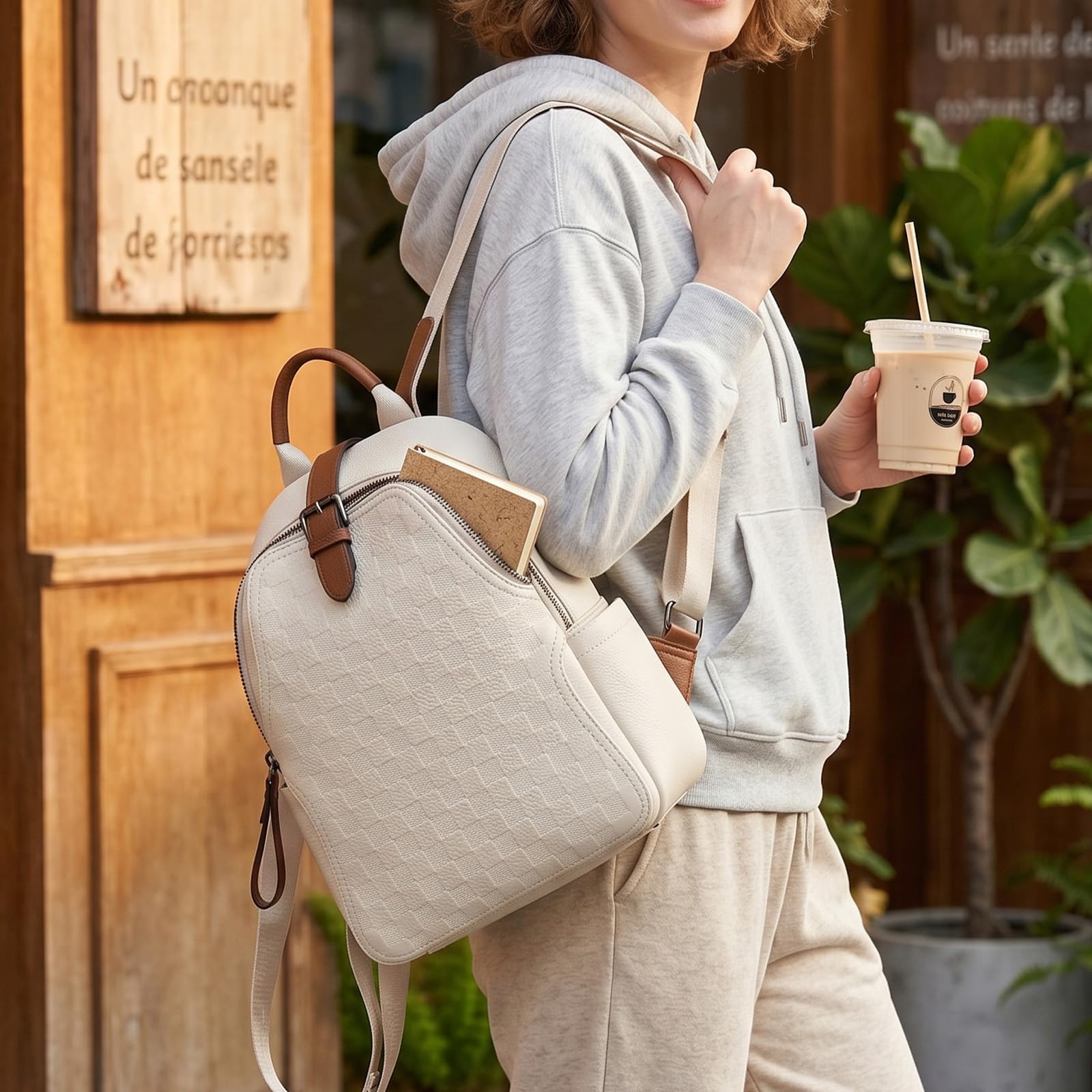 Leather Work Womens Backpack - กระเป๋าเป้สะพายหลังหนัง PU ลายตารางสำหรับผู้หญิง, กระเป๋าเป้สะพายหลังขนาดเล็กน้ำหนักเบาป้องกันการโจรกรรม, กระเป๋าหนังสือลำลองหลายช่องสำหรับการเดินทาง, กระเป๋าสำหรับทำงาน,