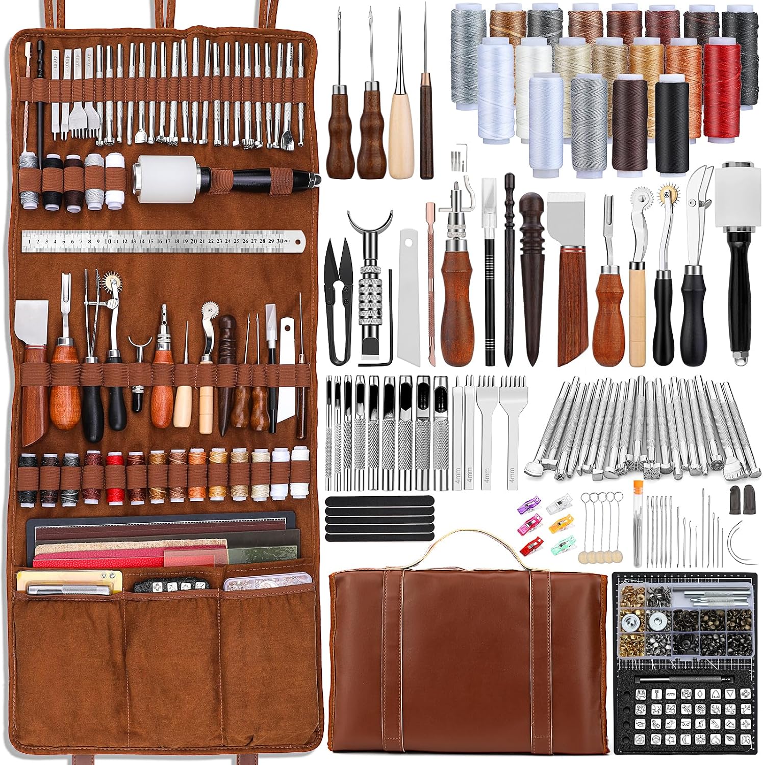 Leatherwork Tools - ชุดเครื่องมือหนัง ชุดอุปกรณ์งานหนัง ชุดเครื่องมือทำหนัง พร้อมแผ่นรองตัดแบบกำหนดเอง สำหรับงานแกะสลัก เจาะ