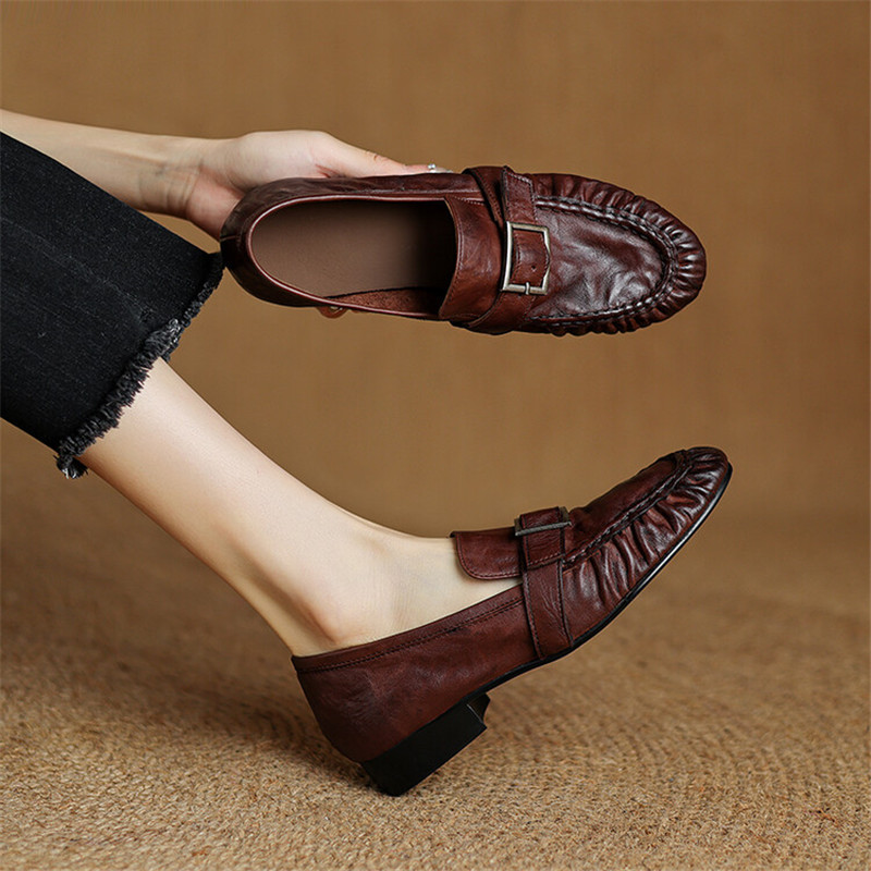 Leather Work Heels - รองเท้าส้นเตี้ยสำหรับผู้หญิง, ใหม่ฤดูใบไม้ร่วงรองเท้าหนังแท้สตรีรองเท้าบูทหุ้มข้อจีบรอบส้นหนารองเท้าโลฟเฟอร์ผู้หญิง