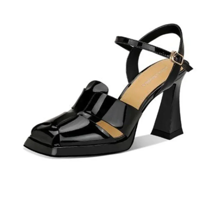 Leather Work Heels - รองเท้าส้นสูงแบบรัดส้นผู้หญิง แฟชั่นหนังแก้ว สไตล์โรมัน เซ็กซี่ โปร่ง ดีไซน์เก๋