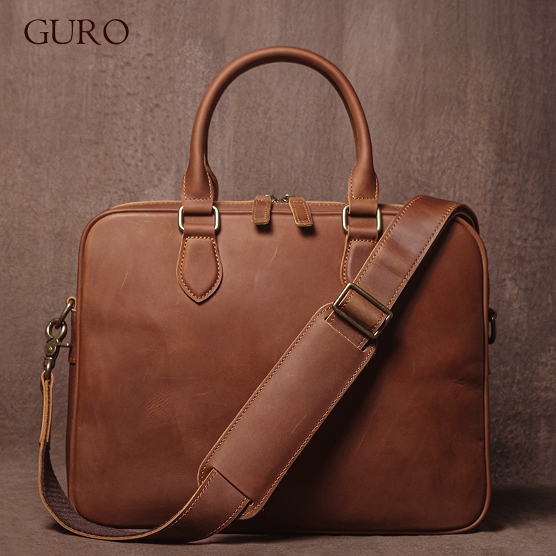 Leather Work Bag Men - GURO Men Crazy Horse Cowhide กระเป๋าเอกสารหนังแท้กระเป๋าถือน้ําหนักเบากระเป๋าสะพายแฟ้มแล็ปท็อปกระเป๋า