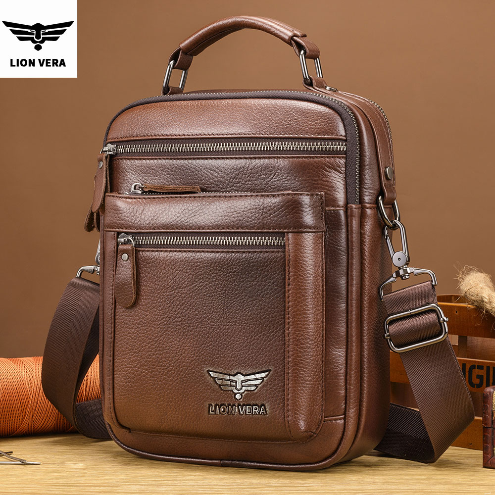 Leather Work Bag Men - LION VERA กระเป๋าสะพายไหล่ผู้ชายกระเป๋าใส่โทรศัพท์มือถือแบบลำลองกระเป๋าซิปความจุขนาดใหญ่ธุรกิจหนังแท้กระเป๋าสะพายข้างสำหรับเดินทาง