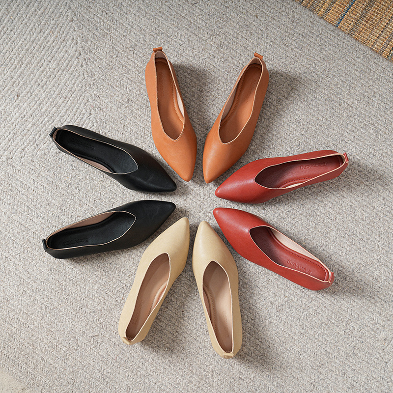 Leather Work Heels - รองเท้าแฟชั่นฤดูใบไม้ผลิและฤดูใบไม้ร่วง หัวเหลี่ยม หนังนิ่ม รองเท้าทำงานผู้หญิง ส้นสูง ส้นหนา